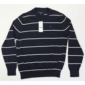 Tommy Hilfiger Size Medium Mens Navy White Stripe Embroidered Logo Sweater NWT